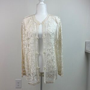 Yen Elegant classical cream Battenberg Lace cardigan jacket frog buttons S/M